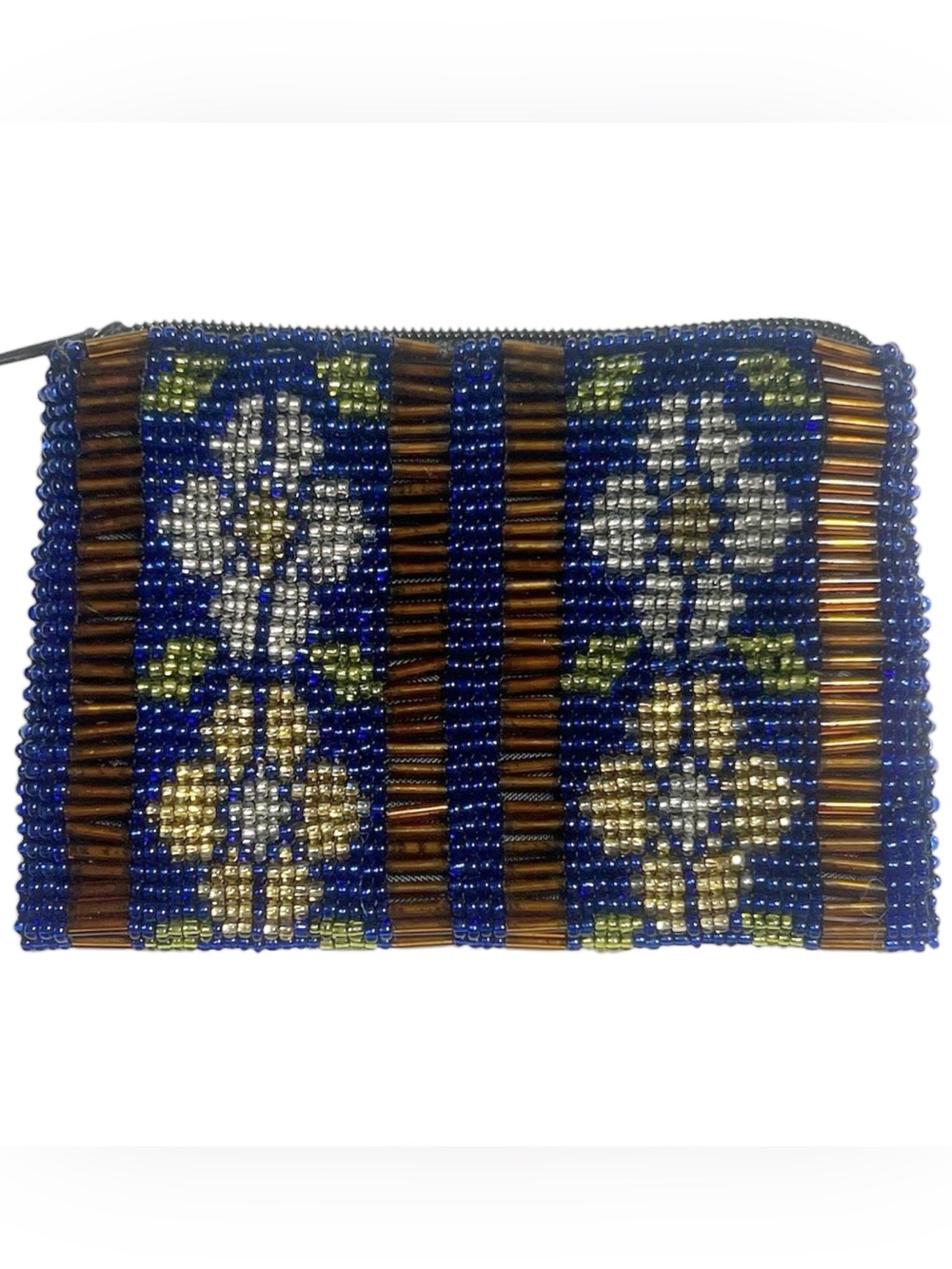 Beaded bohemian print navy & gold change purse with zipper